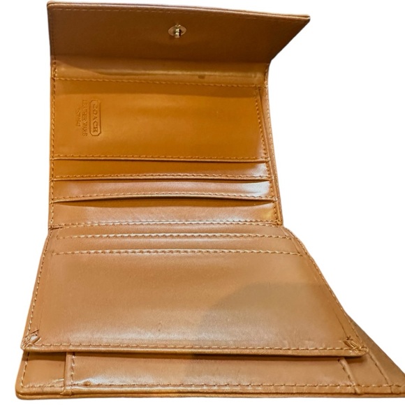 Tan & Brown COACH Signature Canvas Tri-Fold Wallet with Tan Interior - Picture 7 of 16